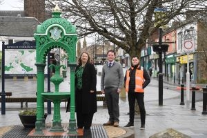 Cllr Sullivan, Nairn Pearson and Jordon Sammutt at the restored Bathgate fountain